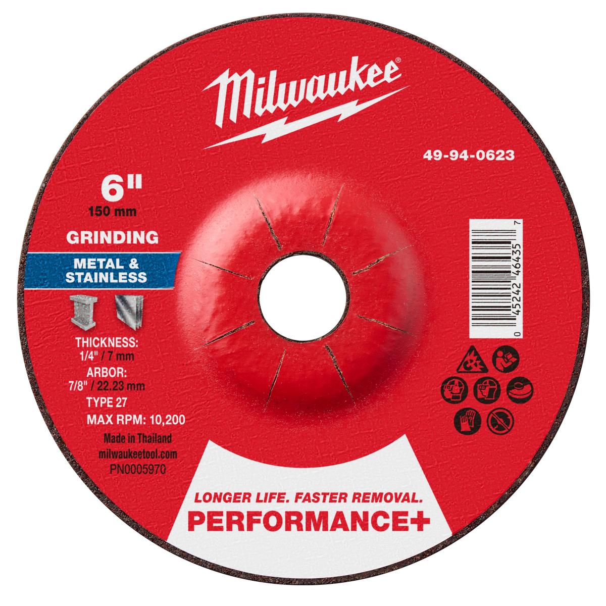 Milwaukee 49-94-0623 6" x 1/4" x 7/8" Performance+ Metal Grinding Wheel - Type 27 (Pack of 10)