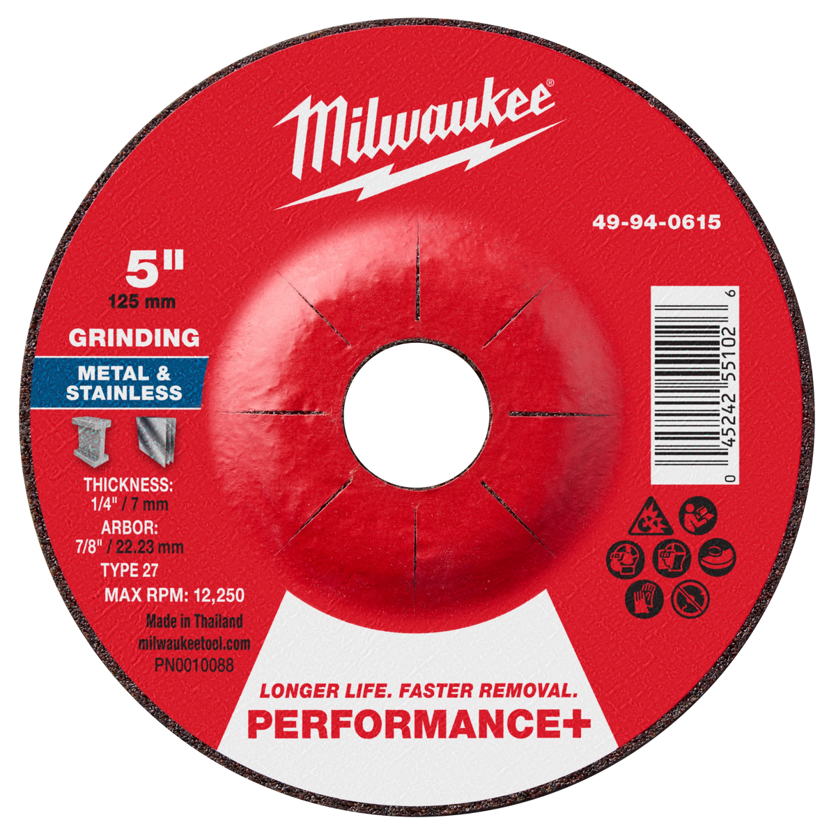 Milwaukee 49-94-0615 5" x 1/4" x 7/8" Performance+ Metal Grinding Wheel - Type 27 (Pack of 25)