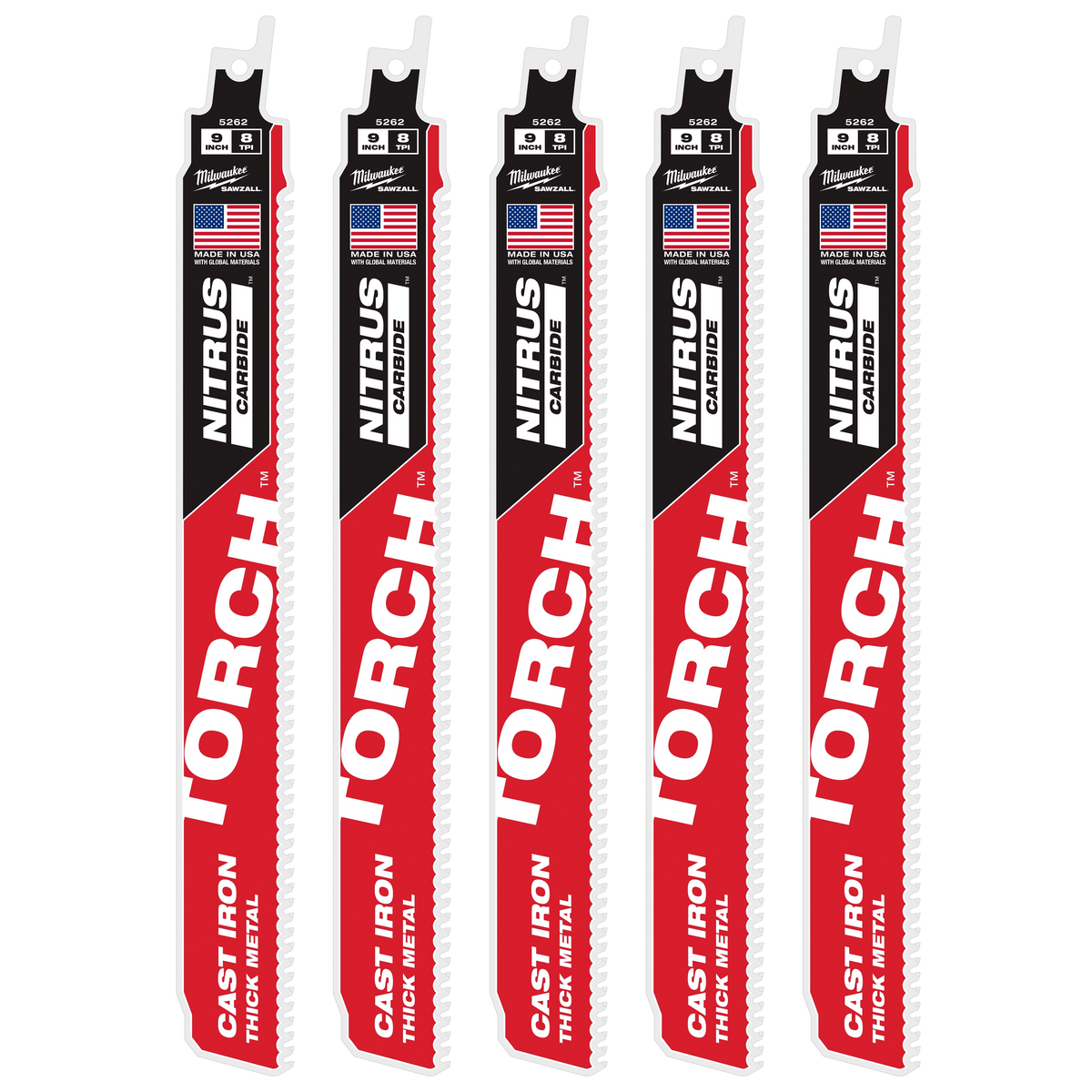 Milwaukee 48-00-5562 9" 8TPI TORCH with NITRUS Carbide SAWZALL Blade for Cast Iron (5 PK)