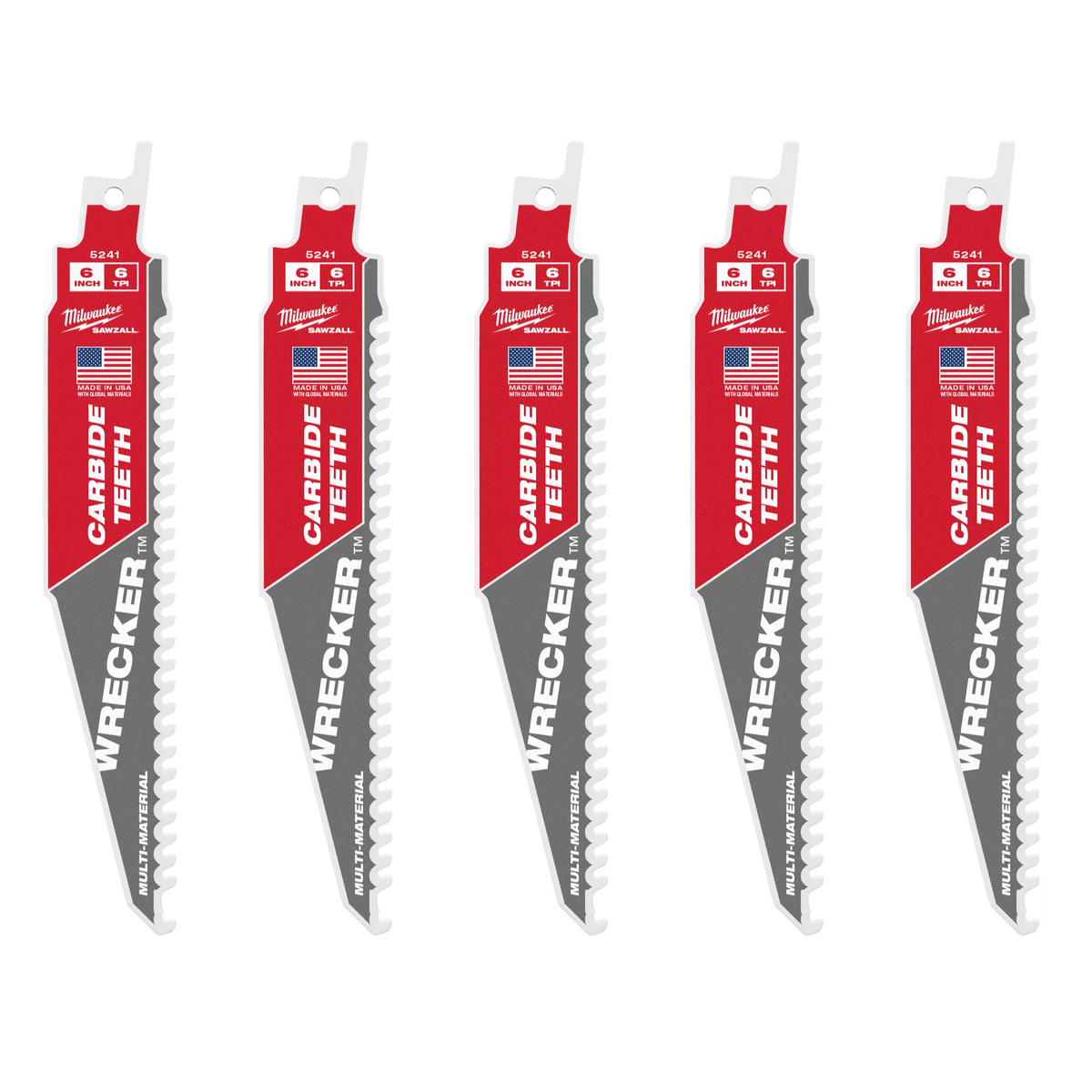 Milwaukee 48-00-5541 6" 6 TPI WRECKER with Carbide Teeth SAWZALL Blade for Multi-Material (5 PK)