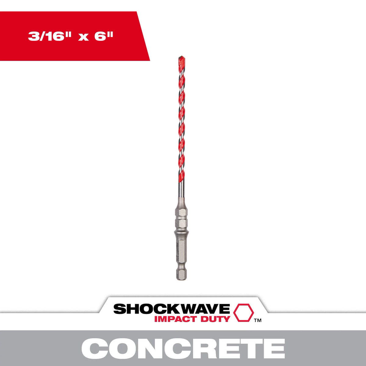 Milwaukee 48-20-9096 3/16" x 4" x 6" SHOCKWAVE Impact Duty Carbide Hammer Drill Bit for Concrete Screws (Pack of 3)