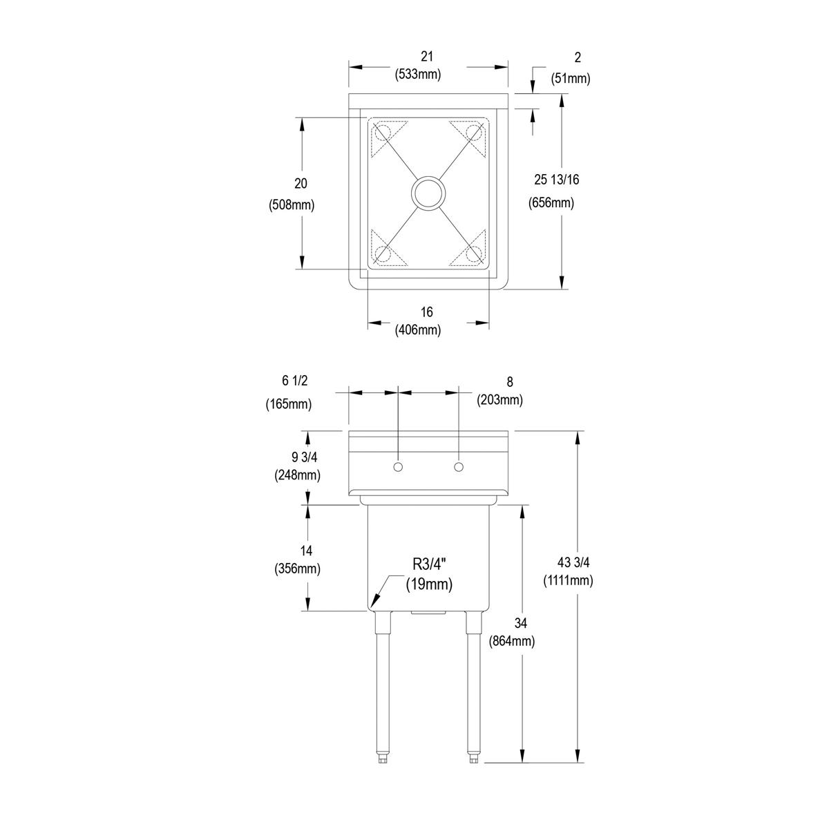 Elkay Dependabilt Stainless Steel 21" x 25-13/16" x 43-3/4" 16 Gauge One Compartment Sink with Stainless Steel Legs 14-1C16X20-0X