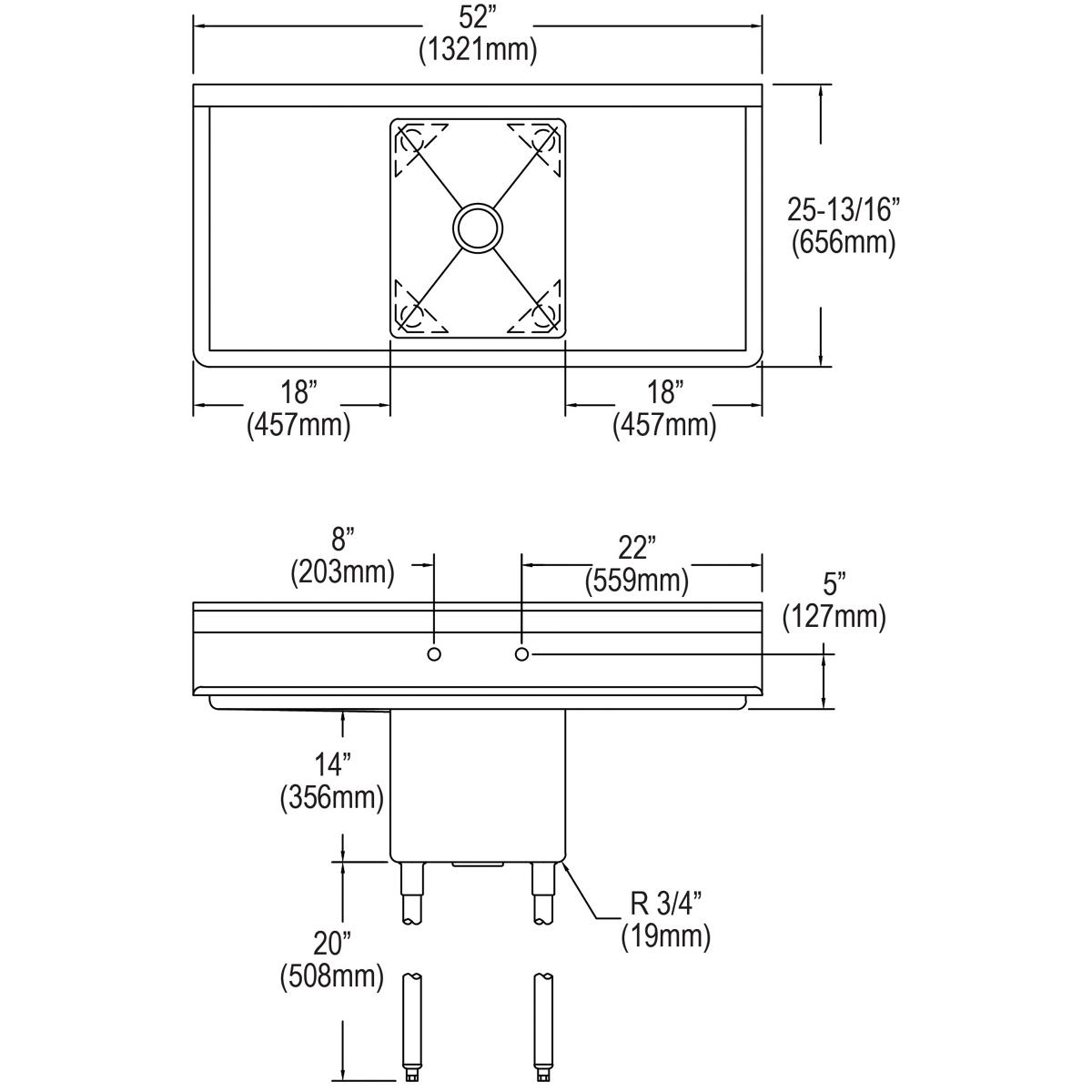 Elkay Dependabilt Stainless Steel 52" x 25-13/16" x 43-3/4" 16 Gauge One Compartment Sink w/ 18" Left and Right Drainboards and Stainless Steel Legs 14-1C16X20-2-18X