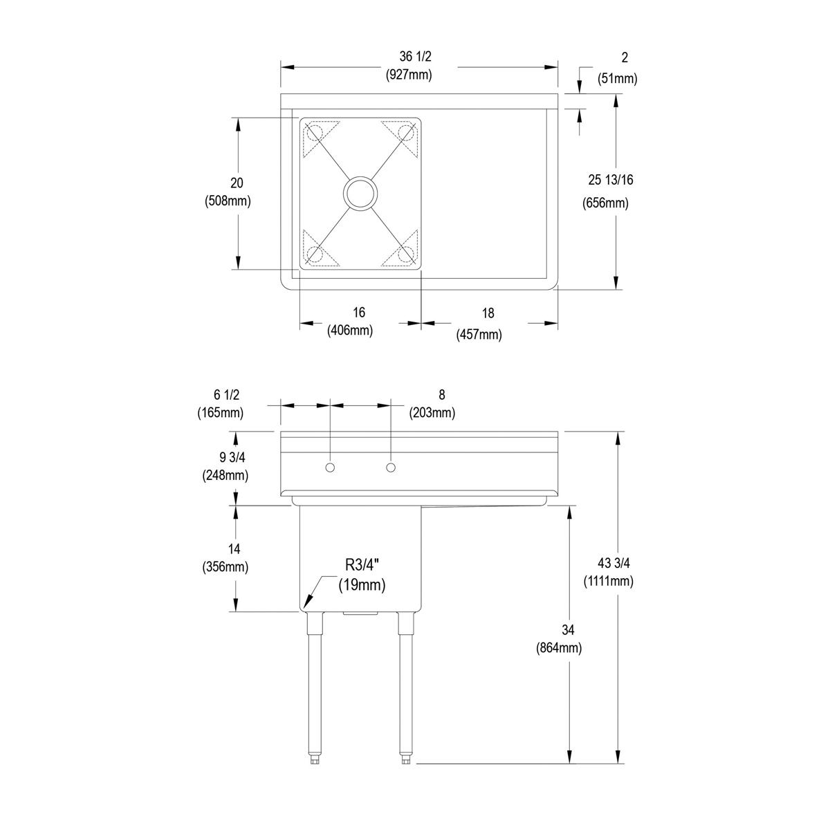 Elkay Dependabilt Stainless Steel 36-1/2" x 25-13/16" x 43-3/4" 16 Gauge One Compartment Sink w/ 18" Right Drainboard and Stainless Steel Legs 14-1C16X20-R-18X