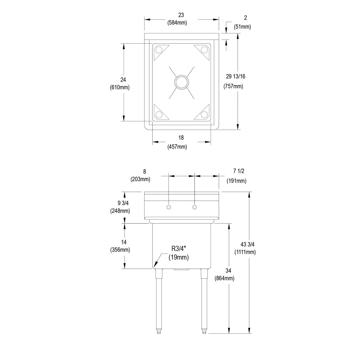 Elkay Dependabilt Stainless Steel 23" x 29-13/16" x 43-3/4" 16 Gauge One Compartment Sink with Stainless Steel Legs 14-1C18X24-0X