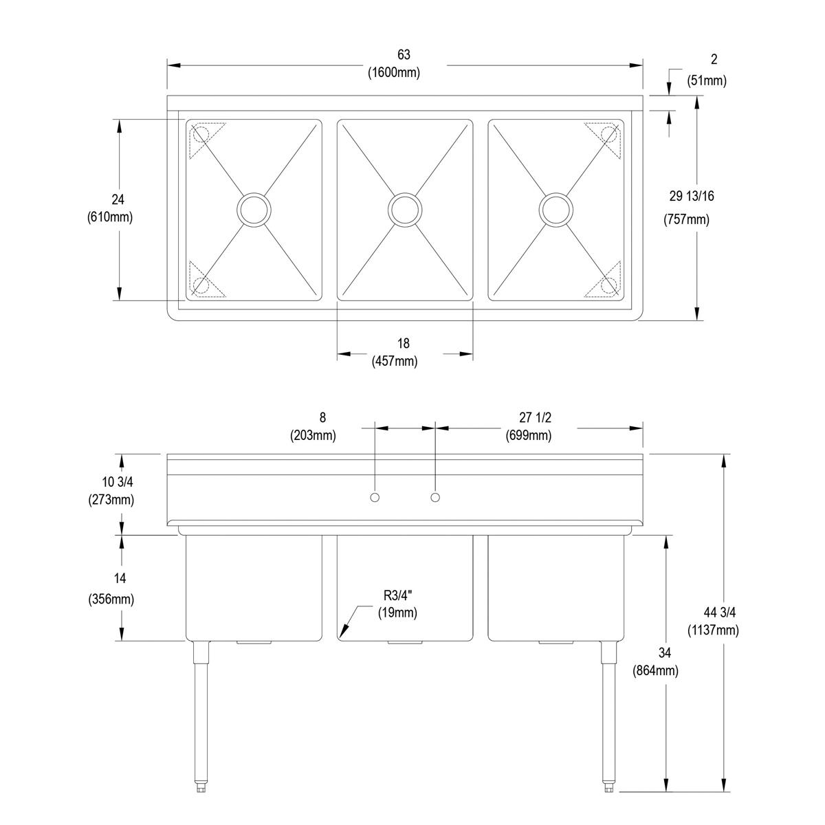 Elkay Dependabilt Stainless Steel 63" x 29-13/16" x 44-3/4" 16 Gauge Three Compartment Sink with Stainless Steel Legs 14-3C18X24-0X