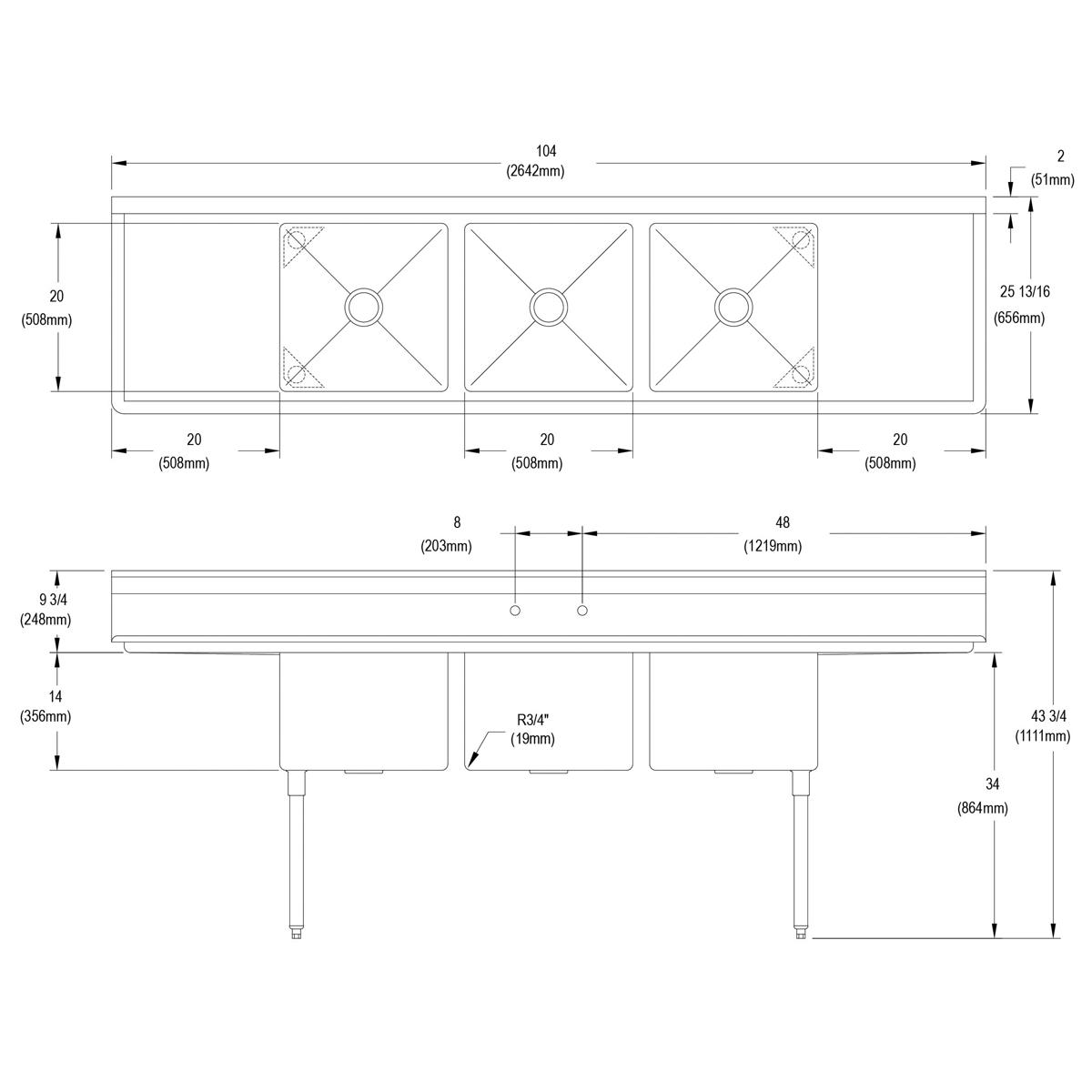 Elkay Dependabilt Stainless Steel 104" x 25-13/16" x 43-3/4" 16 Gauge Three Compartment Sink w/ 20" Left and Right Drainboards & Stainless Steel Legs 14-3C20X20-2-20X