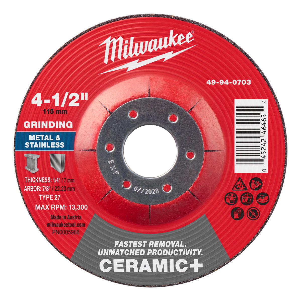 Milwaukee 49-94-0703 4-1/2" x 1/4" x 7/8" Ceramic+ Metal Grinding Wheel - Type 27 (Pack of 10)