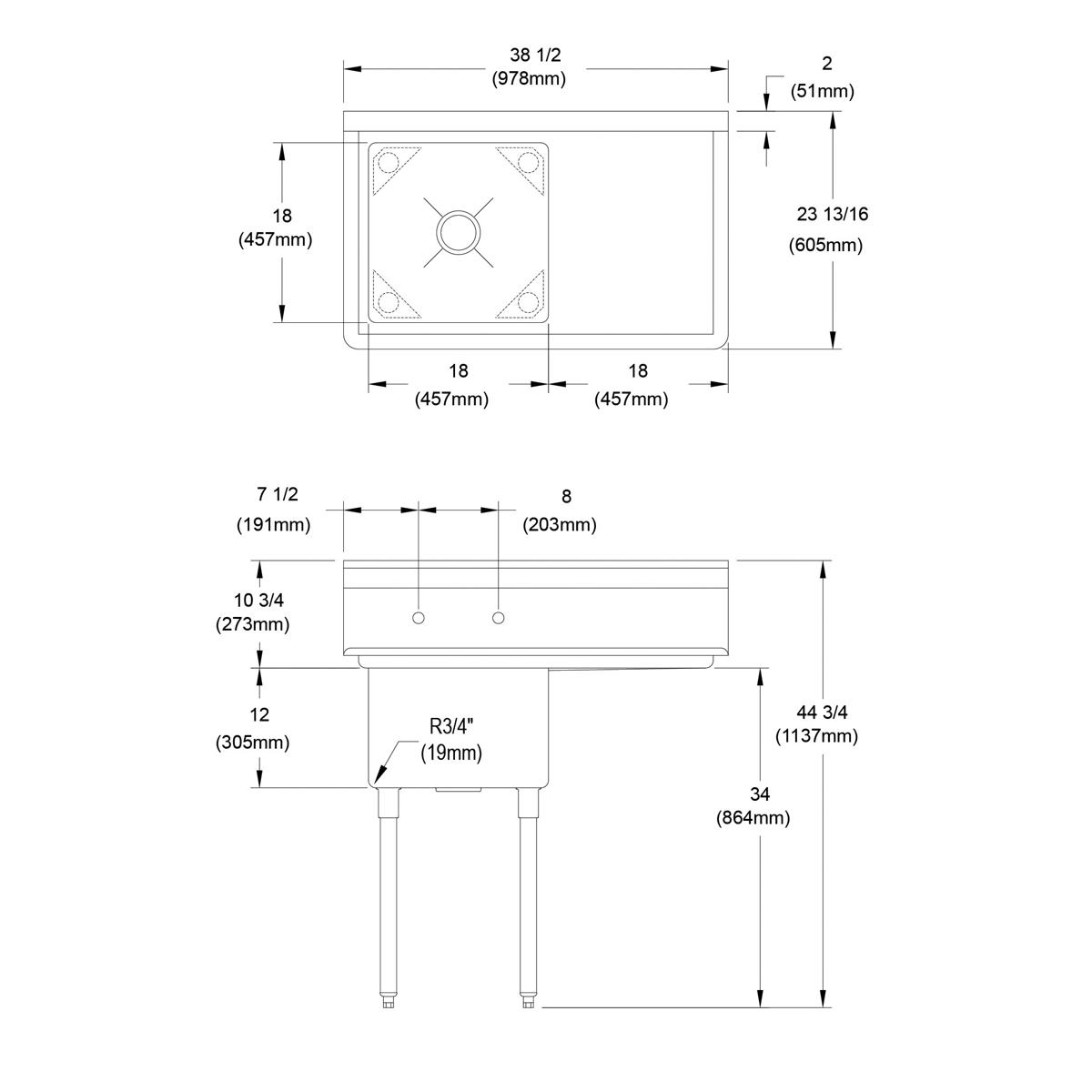 Elkay Dependabilt Stainless Steel 38-1/2" x 23-13/16" x 44-3/4" 16 Gauge One Compartment Sink w/ 18" Right Drainboard and Stainless Steel Legs 1C18X18-R-18X