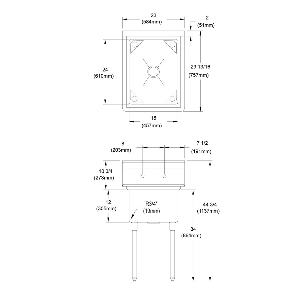 Elkay Dependabilt Stainless Steel 23" x 29-13/16" x 44-3/4" 16 Gauge One Compartment Sink with Stainless Steel Legs 1C18X24-0X