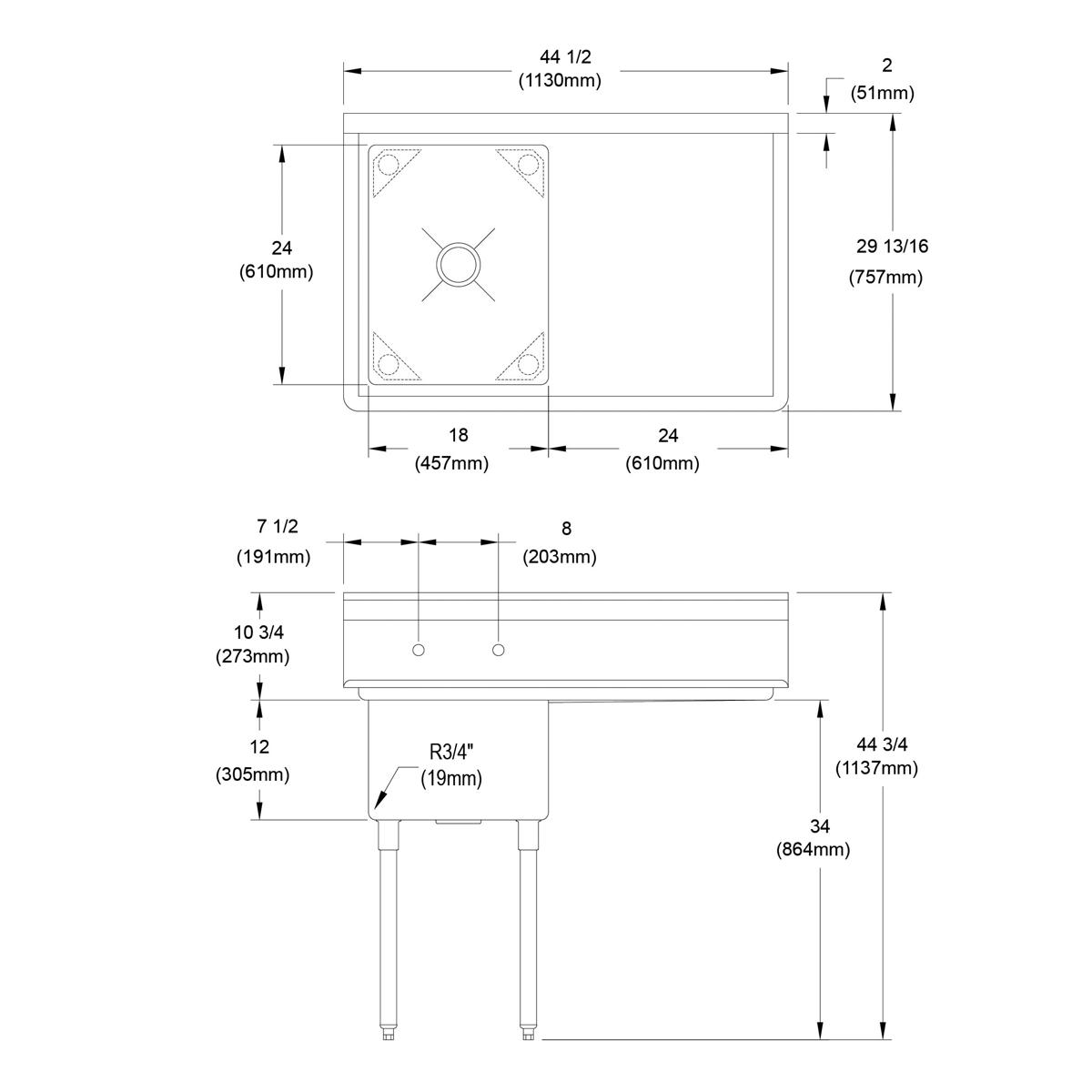 Elkay Stainless Steel 44-1/2" x 29-13/16" x 44-3/4" 16 Gauge One Compartment Sink w/ 24" Right Drainboard and Stainless Steel Legs 1C18X24-R-24X