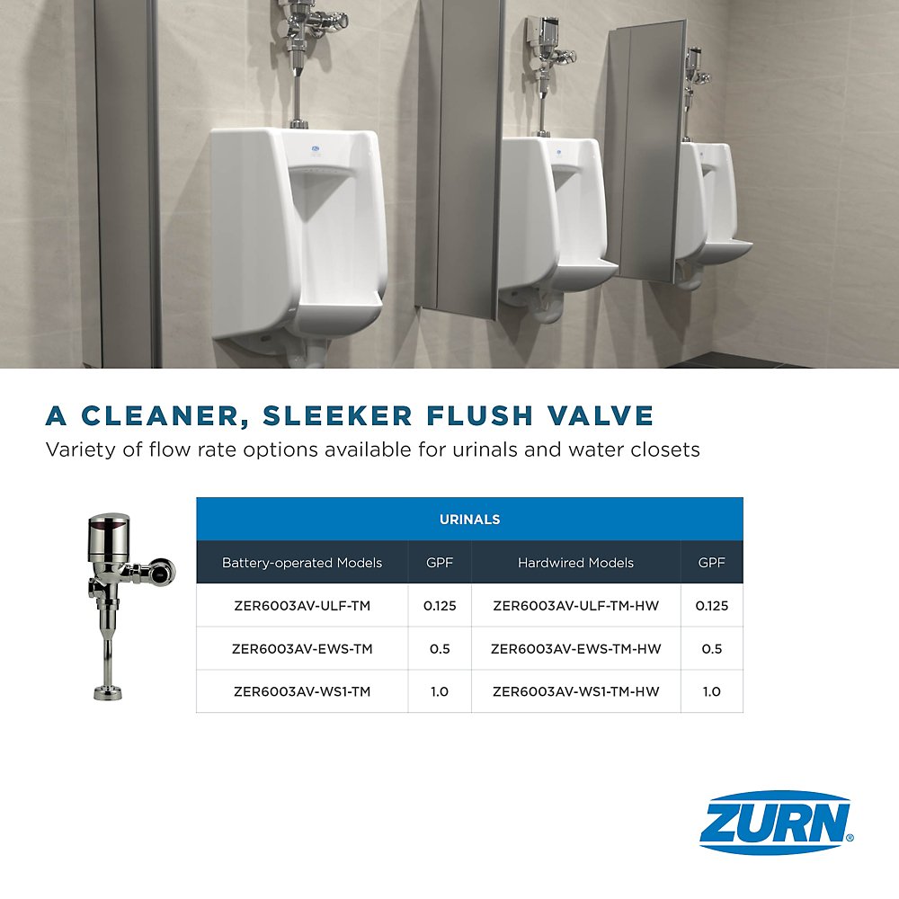 Zurn ZER6003AV-ULF-TM-HW Zurn Top Mount Exposed Sensor Flush Valve for Urinal With Gear-driven Ceramic Cartridge, Hardwired, AquaVantage® Diaphragm