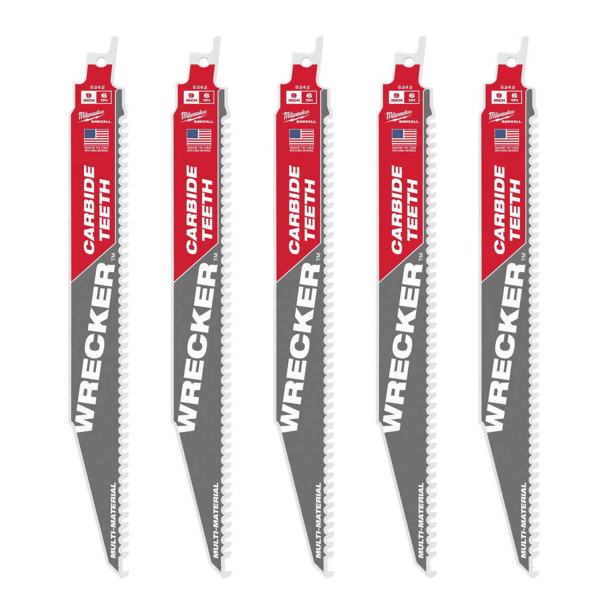 Milwaukee 48-00-5542 9" 6 TPI WRECKER with Carbide Teeth SAWZALL Blade for Multi-Material (5 PK)