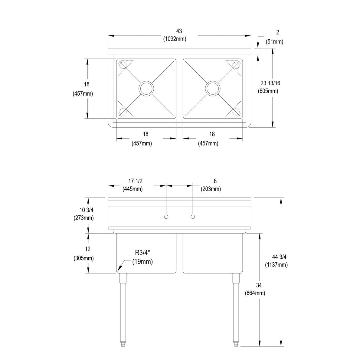 Elkay Dependabilt Stainless Steel 43" x 23-13/16" x 44-3/4" 16 Gauge Two Compartment Sink with Stainless Steel Legs 2C18X18-0X