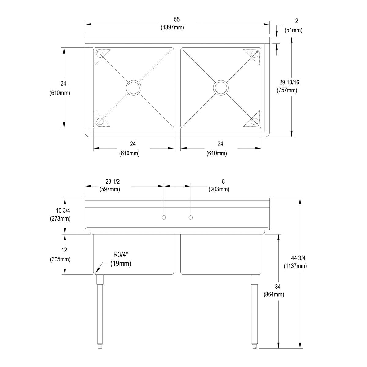 Elkay Dependabilt Stainless Steel 55" x 29-13/16" x 44-3/4" 16 Gauge Two Compartment Sink with Stainless Steel Legs 2C24X24-0X