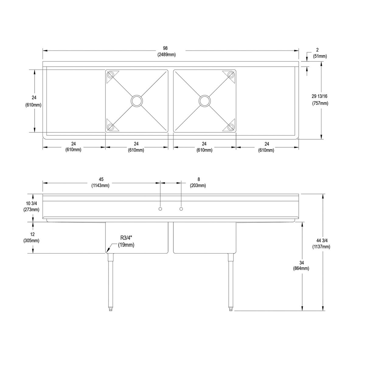 Elkay Dependabilt Stainless Steel 98" x 29-13/16" x 44-3/4" 16 Gauge Two Compartment Sink w/ 24" Left and Right Drainboards and Stainless Steel Legs 2C24X24-2-24X