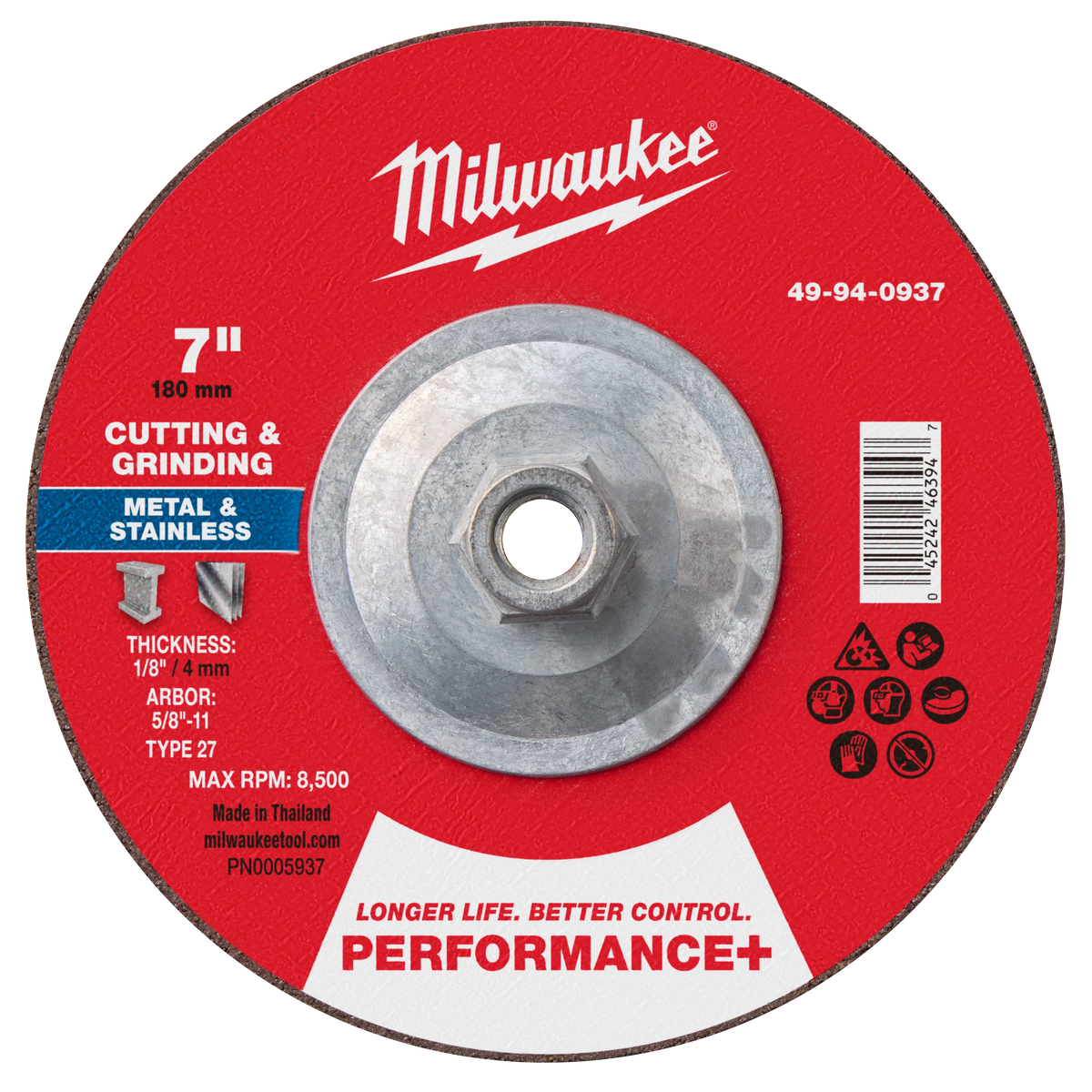 Milwaukee 49-94-0937 7" x 1/8" x 5/8"-11 Performance+ Dual Metal Cut & Grind Wheel - Type 27 (Pack of 10)