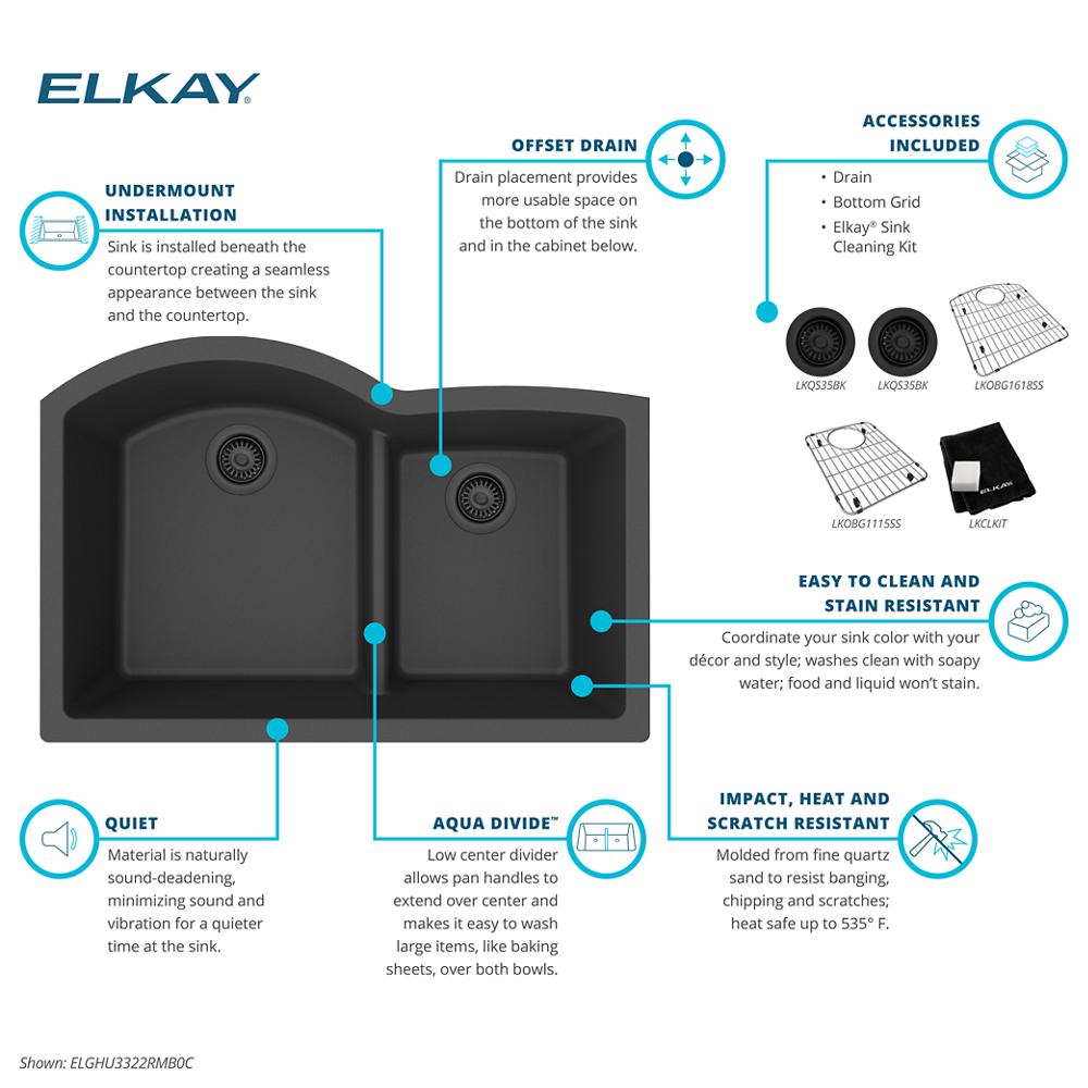 Elkay Quartz Classic 33" x 22" x 10" Offset 60/40 Double Bowl Undermount Sink Kit with Aqua Divide Matte Black ELGHU3322RMB0C