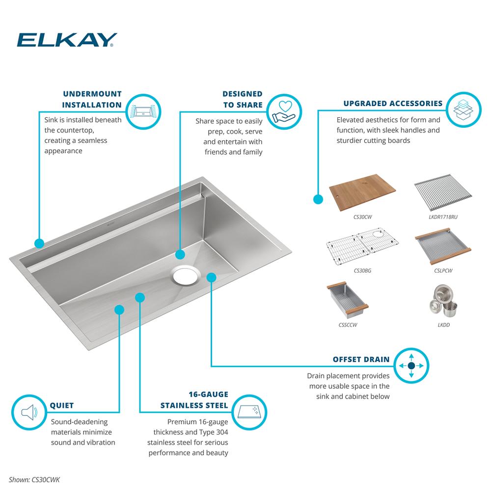 Elkay Circuit Chef Workstation Stainless Steel 32-1/2" x 20-1/2" x 10" Single Bowl Undermount Sink Kit w/ Cherry Wood Boards CS30CWK