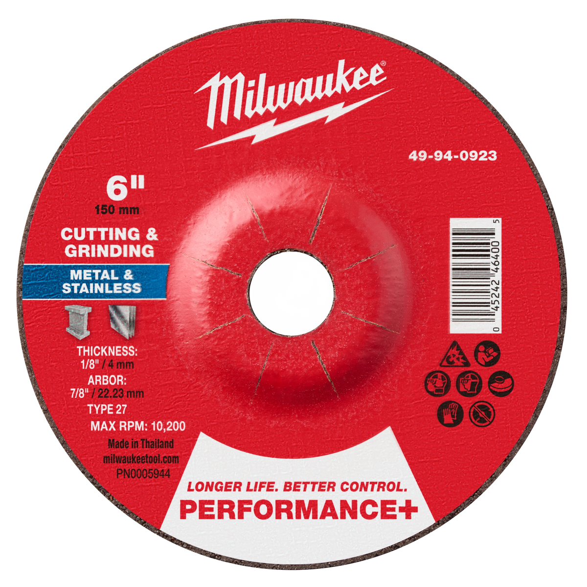 Milwaukee 49-94-0923 6" x 1/8" x 7/8" Performance+ Dual Metal Cut & Grind Wheel - Type 27 (Pack of 25)