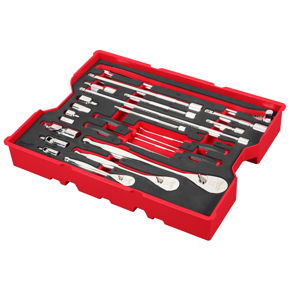 Milwaukee 48-22-0153 23 pc. 1/4”, 3/8”, & 1/2” Drive Ratchet and Accessory Set with Tray for PACKOUT Drawers