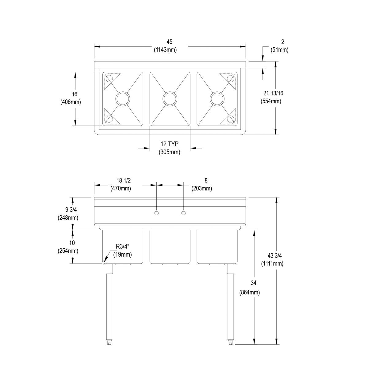 Elkay Dependabilt Stainless Steel 45" x 21-13/16" x 43-3/4" 16 Gauge Three Compartment Sink with Stainless Steel Legs 3C12X16-0X