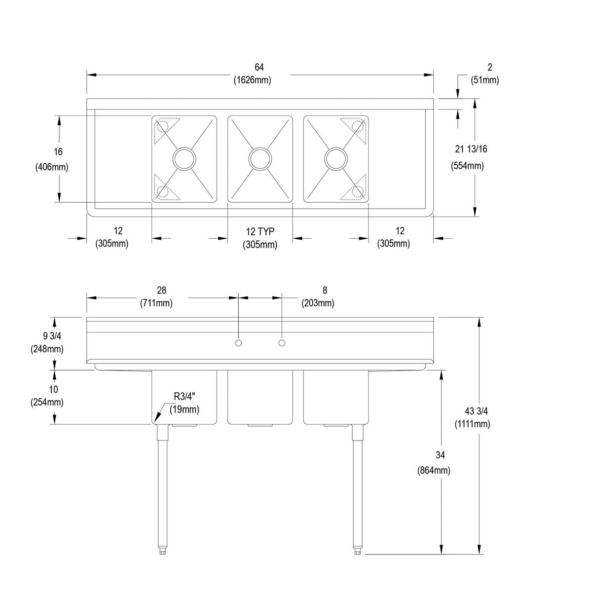 Elkay Dependabilt Stainless Steel 64" x 21-13/16" x 43-3/4" 16 Gauge Three Compartment Sink w/ 12" Left and Right Drainboards and Stainless Steel Legs 3C12X16-2-12X