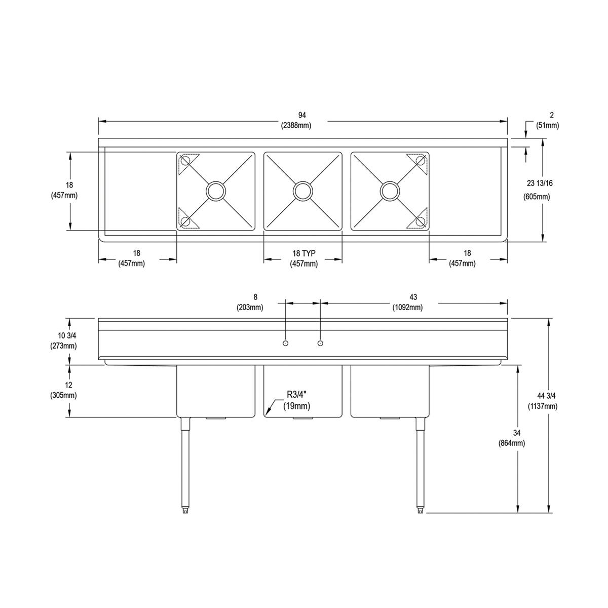 Elkay Dependabilt Stainless Steel 94" x 23-13/16" x 44-3/4" 16 Gauge Three Compartment Sink w/ 18" Left and Right Drainboards and Stainless Steel Legs 3C18X18-2-18X