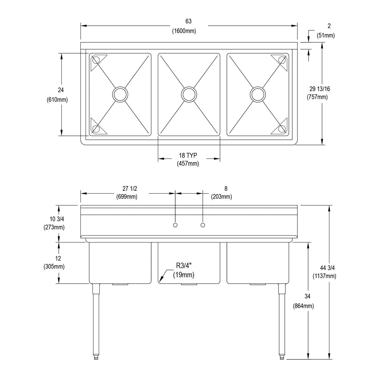 Elkay Dependabilt Stainless Steel 63" x 29-13/16" x 44-3/4" 16 Gauge Three Compartment Sink with Stainless Steel Legs 3C18X24-0X