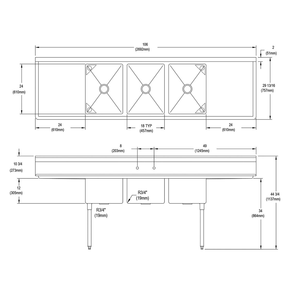 Elkay Dependabilt Stainless Steel 106" x 29-13/16" x 44-3/4" 16 Gauge Three Compartment Sink w/ 24" Left and Right Drainboards & Stainless Steel Legs 3C18X24-2-24X