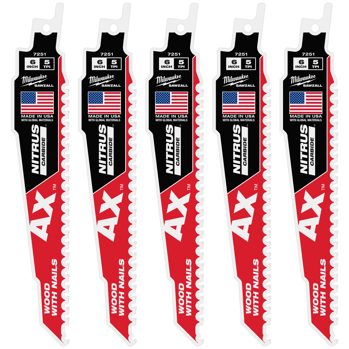 Milwaukee 48-00-7551 6" 5 TPI AX w/NITRUS Carbide Teeth SAWZALL Blade for Wood with Nails 5PK