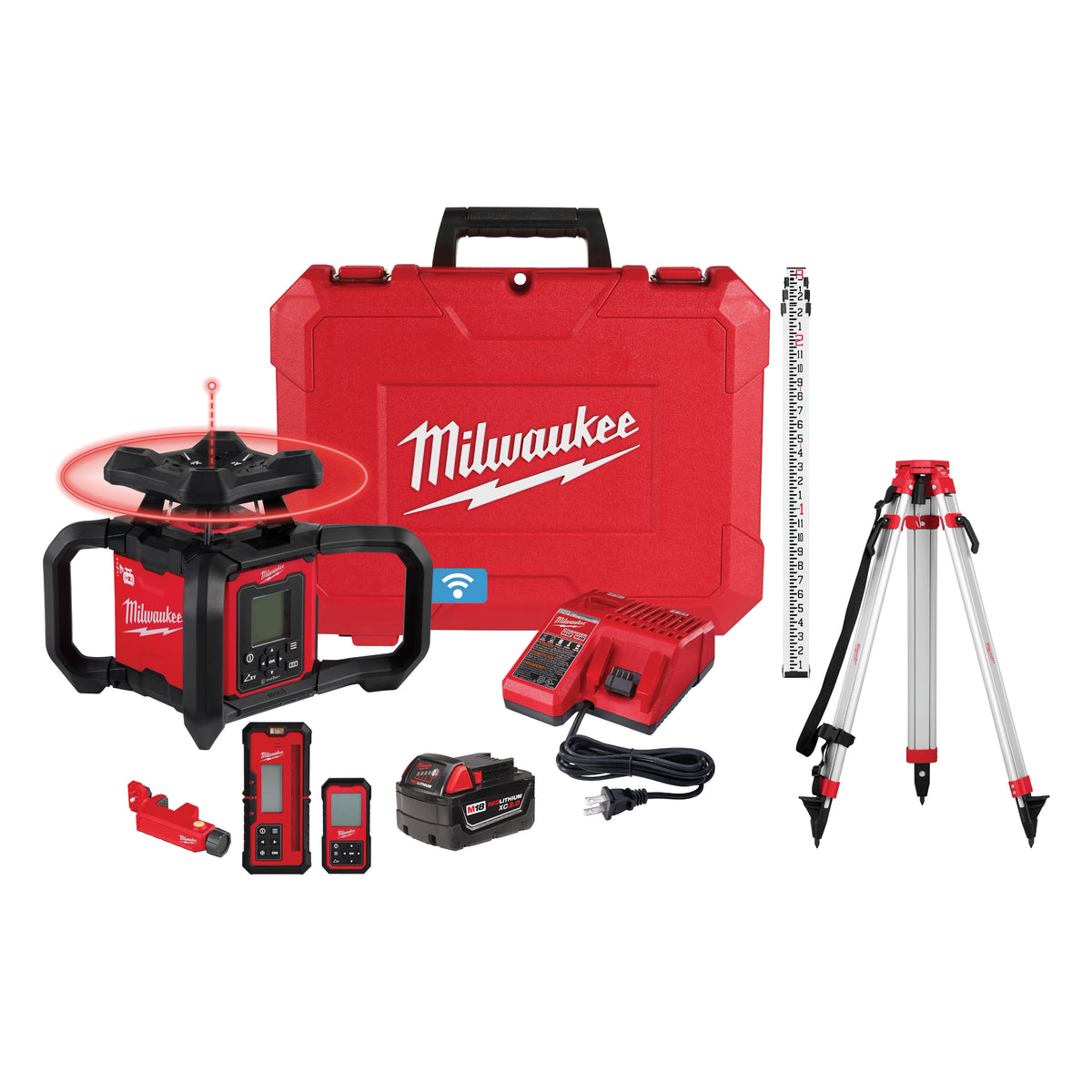 Milwaukee 3704-21T M18 Red Exterior Dual Slope Rotary Laser Level Kit w/ Receiver, Remote, Grade Rod & Tripod