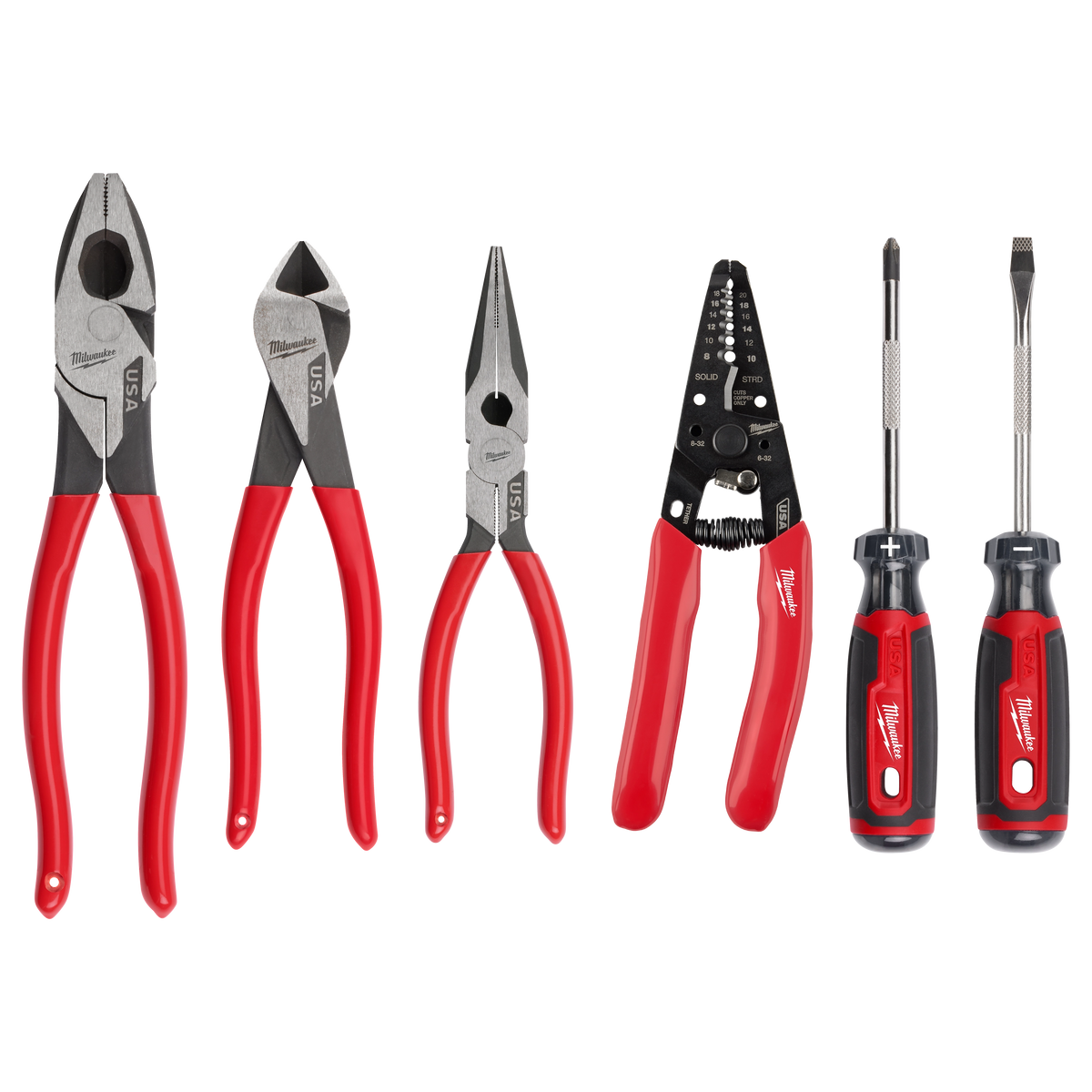 Milwaukee MT500-6 6 PC. Dipped Grip Cutting Pliers, Wire Stripper, & Cushion Grip Screwdrivers Set (USA)