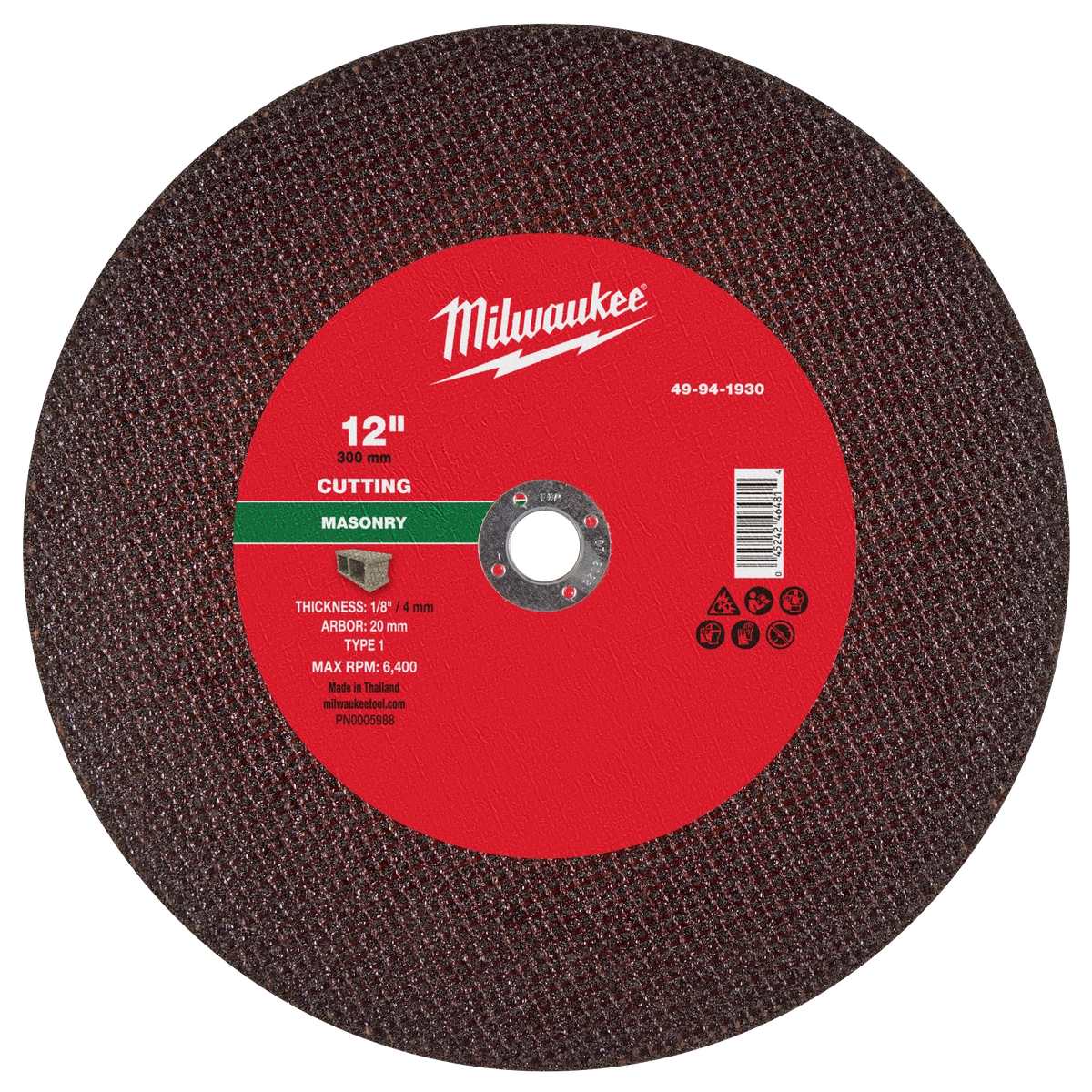 Milwaukee 49-94-1930 12" x 1/8" x 20mm Masonry Cut Off Wheel -Type 1 (Pack of 10)