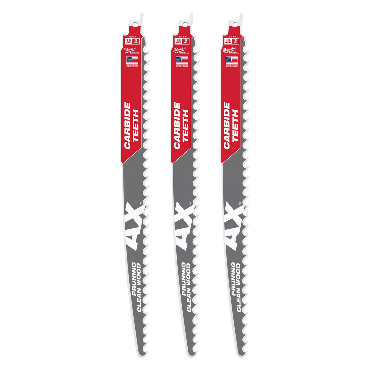 Milwaukee 48-00-5333 12" 3 TPI AX with Carbide Teeth SAWZALL Blade for Pruning (3 PK)