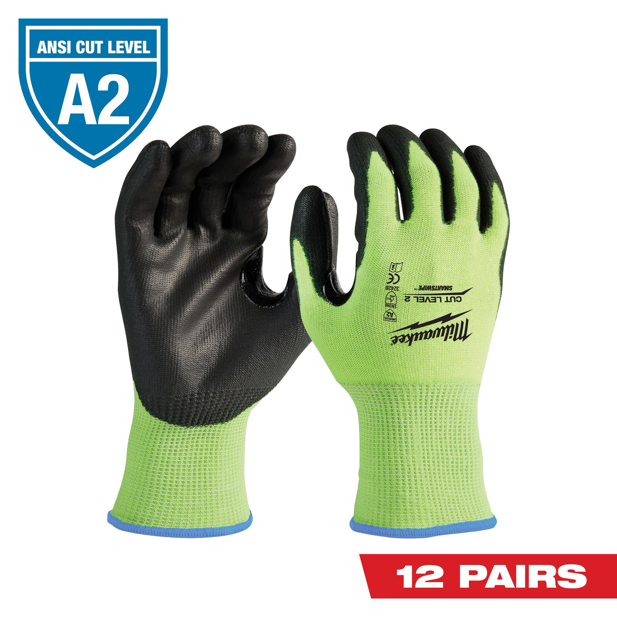 Milwaukee 48-73-8922B 12 Pair High Visibility Cut Level 2 Polyurethane Dipped Gloves- L