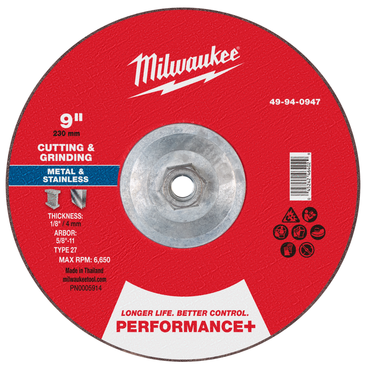 Milwaukee 49-94-0947 9" x 1/8" x 5/8"-11 Performance+ Dual Metal Cut & Grind Wheel - Type 27 (Pack of 10)