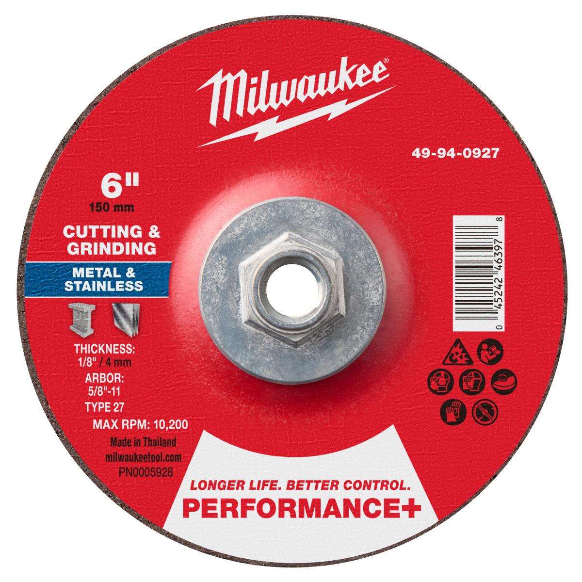 Milwaukee 49-94-0927 6" x 1/8" x 5/8"-11 Performance+ Dual Metal Cut & Grind Wheel - Type 27 (Pack of 10)