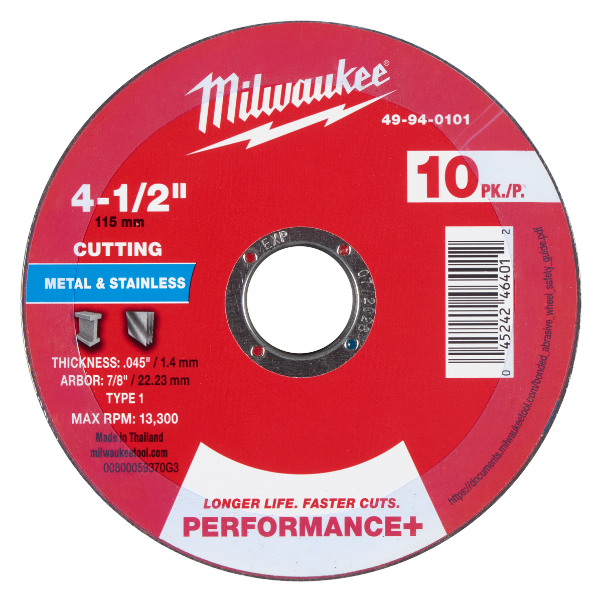 Milwaukee 49-94-0101 4-1/2" x .045" x 7/8" Performance+ Metal Cut Off Wheel - Type 1 (Pack of 40)
