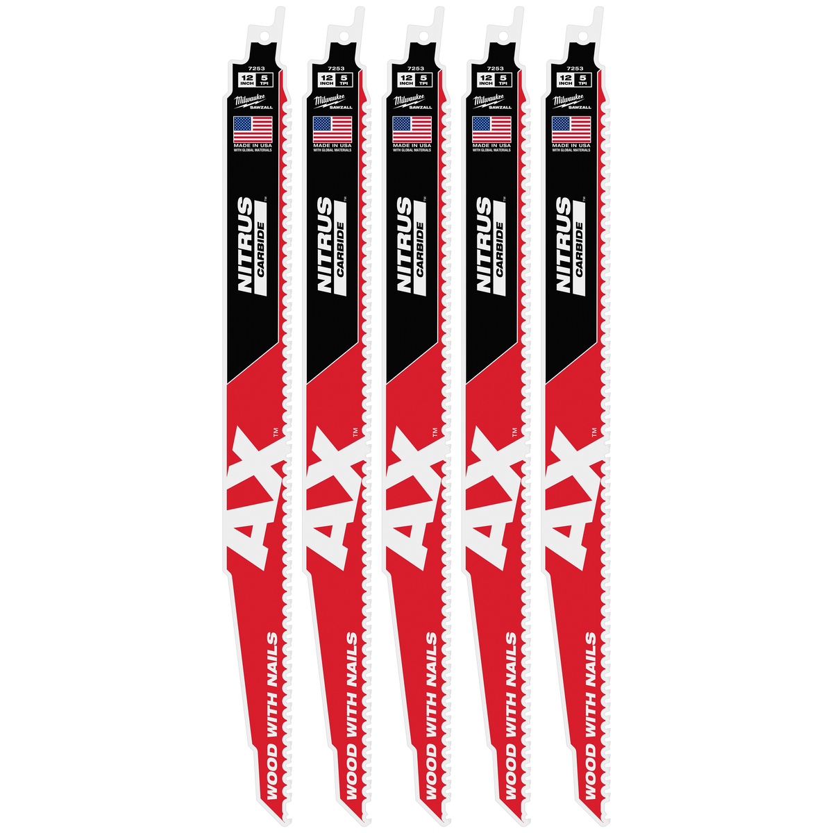 Milwaukee 48-00-7553 12" 5 TPI AX w/NITRUS Carbide Teeth SAWZALL Blade for Wood with Nails 5PK