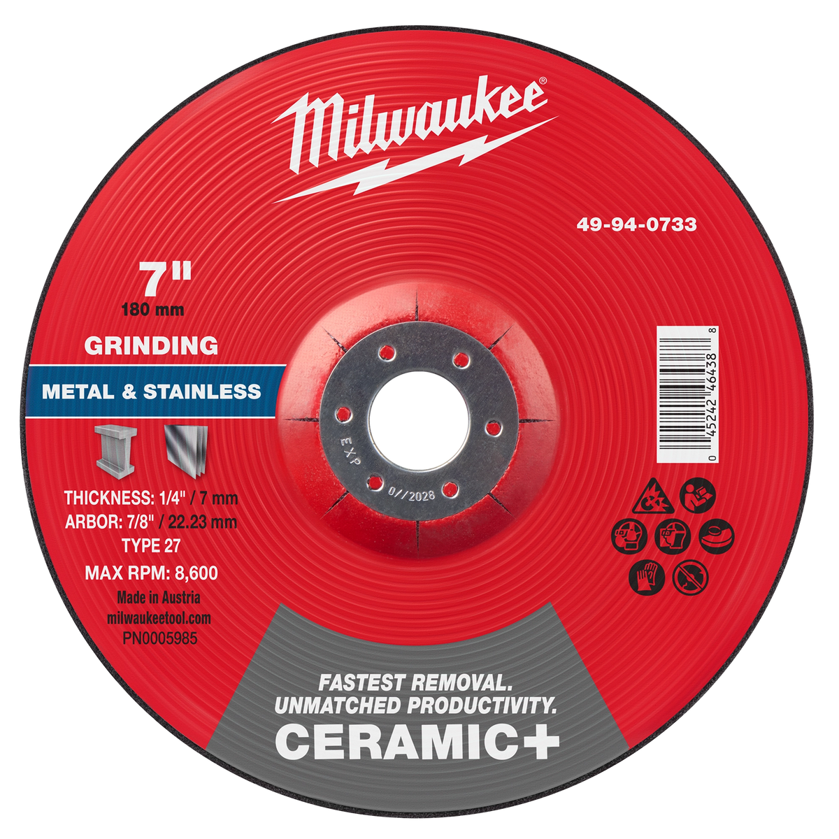 Milwaukee 49-94-0733 7" x 1/4" x 7/8" Ceramic+ Metal Grinding Wheel - Type 27 (Pack of 10)