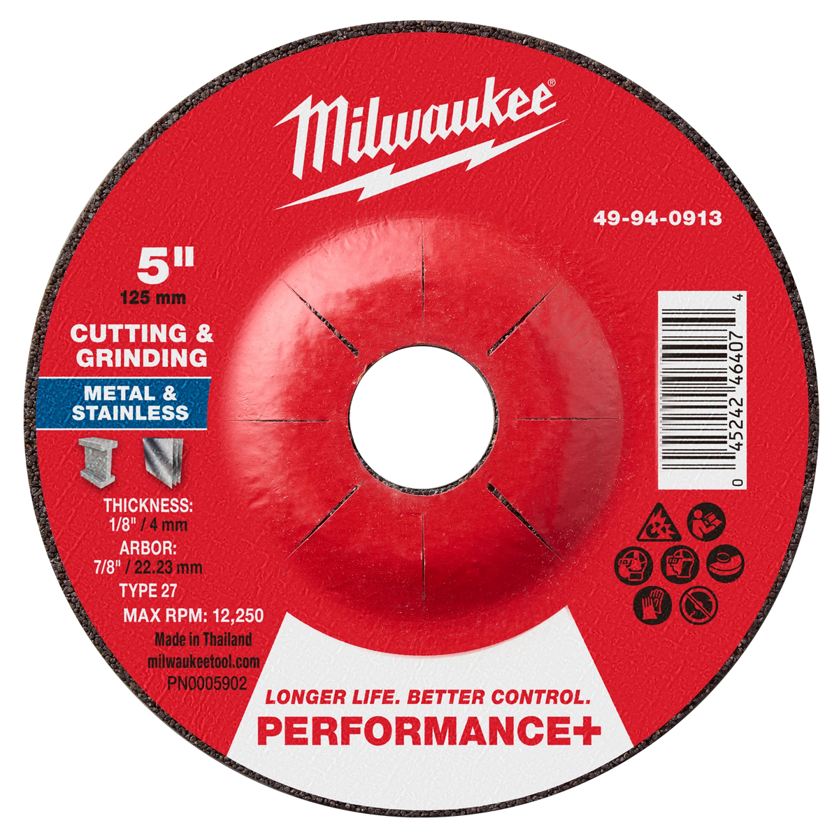 Milwaukee 49-94-0913 5" x 1/8" x 7/8" Performance+ Dual Metal Cut & Grind Wheel - Type 27 (Pack of 25)