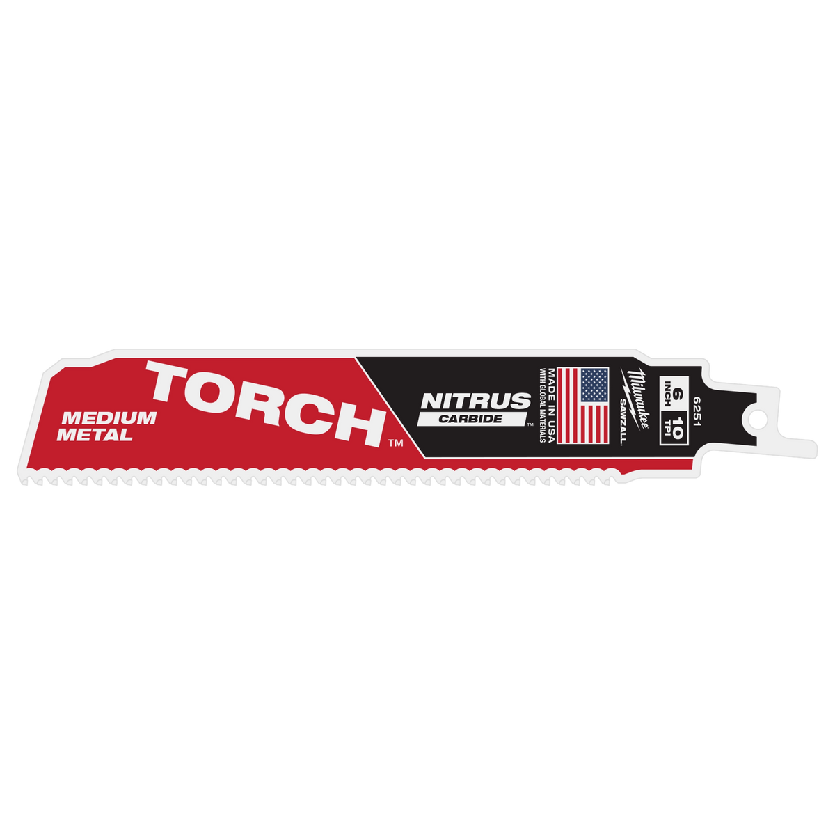 Milwaukee 48-00-6251 6" 10 TPI TORCH with NITRUS Carbide Teeth SAWZALL Blade for Conduit and Strut (Pack of 5)