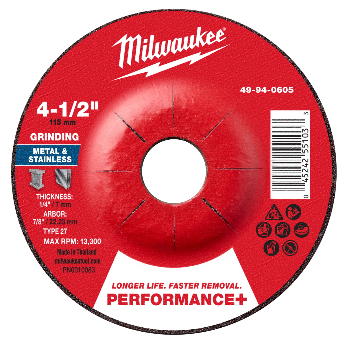 Milwaukee 49-94-0605 4-1/2" x 1/4" x 7/8" Performance+ Metal Grinding Wheel - Type 27 (Pack of 25)