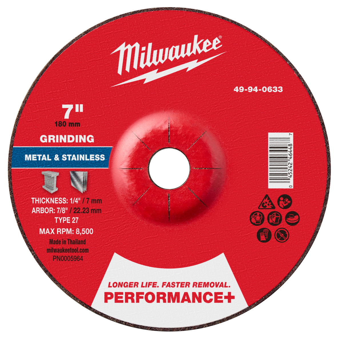 Milwaukee 49-94-0633 7" x 1/4" x 7/8" Performance+ Metal Grinding Wheel - Type 27 (Pack of 10)