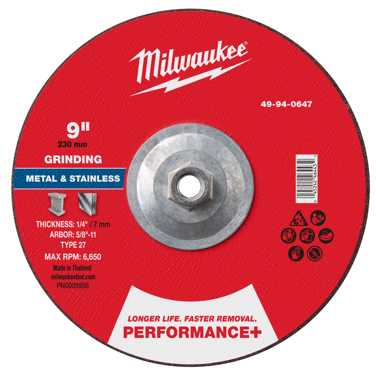 Milwaukee 49-94-0647 9" x 1/4" x 5/8"-11 Performance+ Metal Grinding Wheel - Type 27 (Pack of 5)