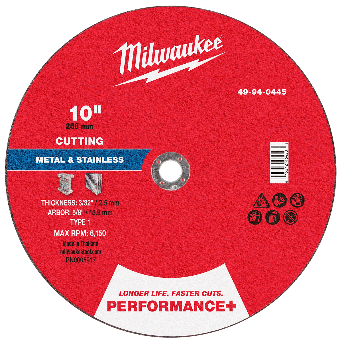 Milwaukee 49-94-0445 10" x 3/32" x 5/8" Performance+ Metal Cut Off Wheel - Type 1 (Pack of 10)