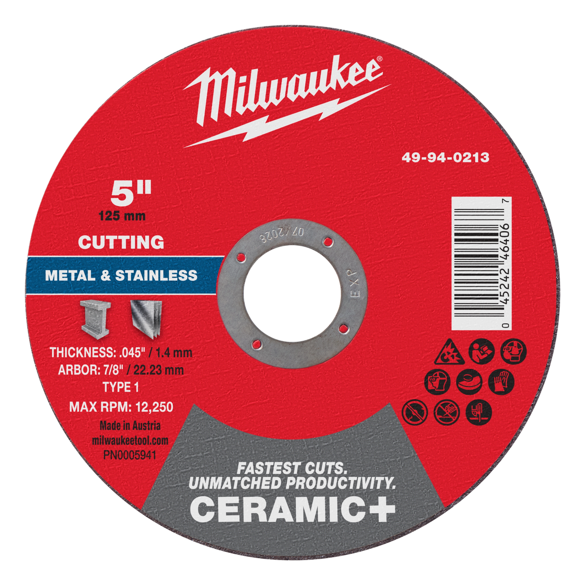 Milwaukee 49-94-0213 5" x .045" x 7/8" Ceramic+ Metal Cut Off Wheel -Type 1 (Pack of 25)