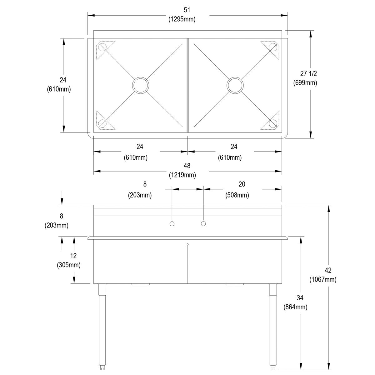 Elkay Dependabilt Stainless Steel 51" x 27-1/2" x 42" 18 Gauge Two Compartment Budget Sink with Stainless Steel Legs B2C24X24X