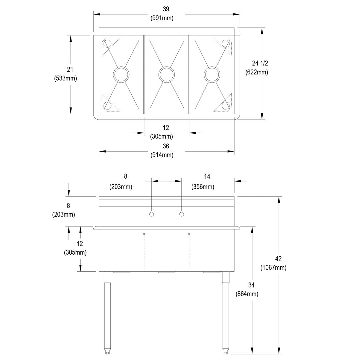 Elkay Dependabilt Stainless Steel 39" x 24-1/2" x 42" 18 Gauge Three Compartment Budget Sink with Stainless Steel Legs B3C12X21X